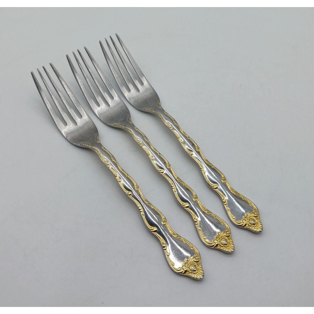 3 Dinner Forks Rose Cascade Towle Supreme 18/8 Gold Accent Korea Discontinued